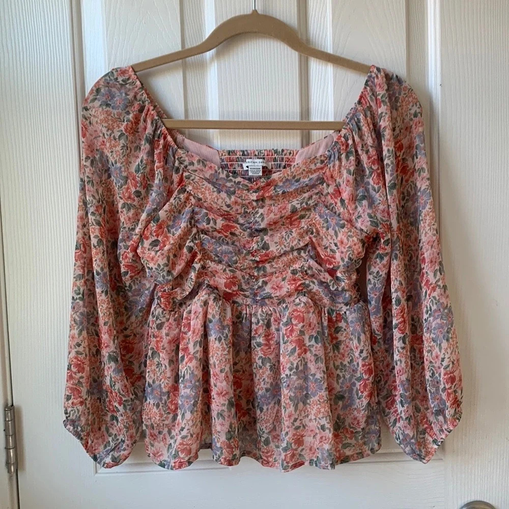 American Eagle Baby Doll Floral boho ruched multi color Top XS - Picture 2 of 6